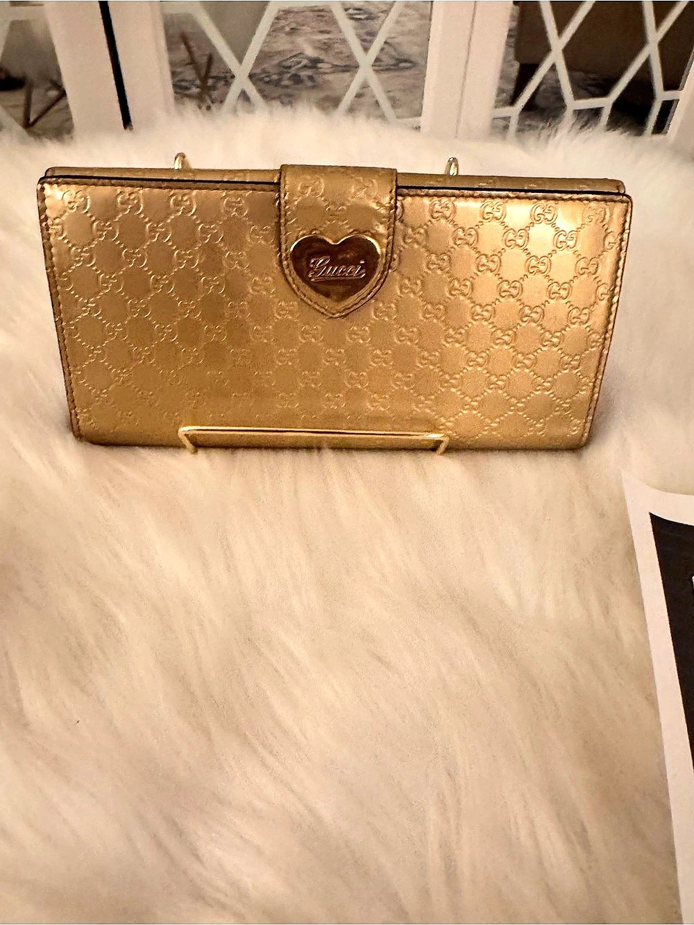 Gucci GG Gold Guccissima Leather Heart Continental Long Wallet